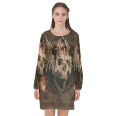 Awesome Creepy Skull With Rat And Wings Long Sleeve Chiffon Shift Dress 