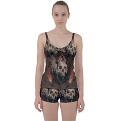 Awesome Creepy Skull With Rat And Wings Tie Front Two Piece Tankini