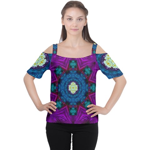 Sunshine Mandala And Fantasy Snow Floral Cutout Shoulder Tee by pepitasart