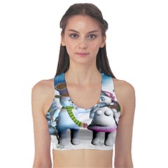 Funny, Cute Snowman And Snow Women In A Winter Landscape Sports Bra by FantasyWorld7