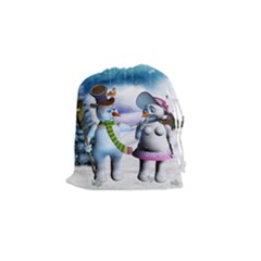 Funny, Cute Snowman And Snow Women In A Winter Landscape Drawstring Pouches (small)  by FantasyWorld7