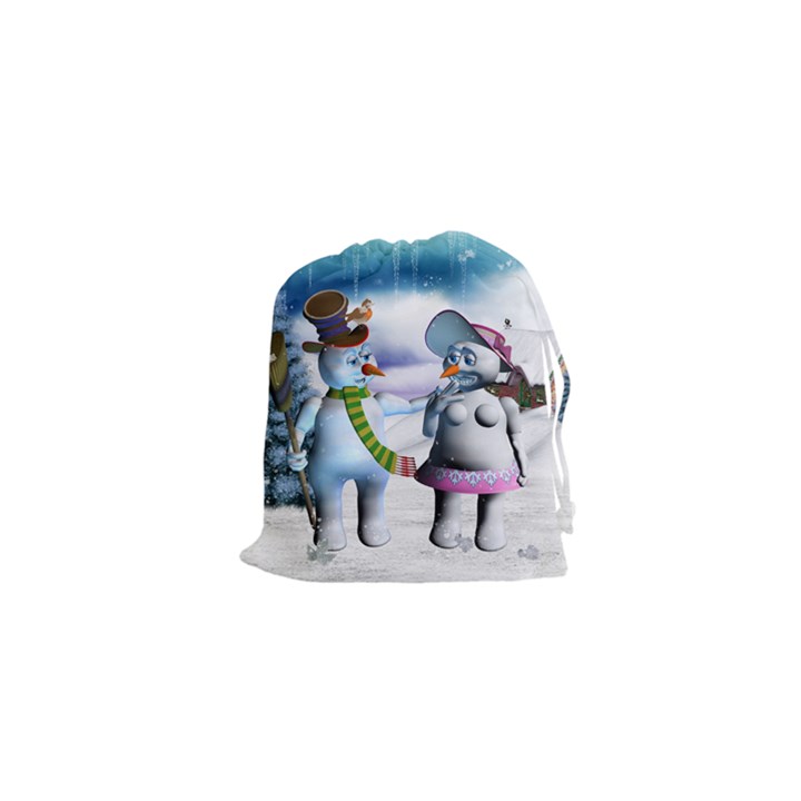 Funny, Cute Snowman And Snow Women In A Winter Landscape Drawstring Pouches (XS) 