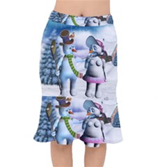 Funny, Cute Snowman And Snow Women In A Winter Landscape Mermaid Skirt by FantasyWorld7