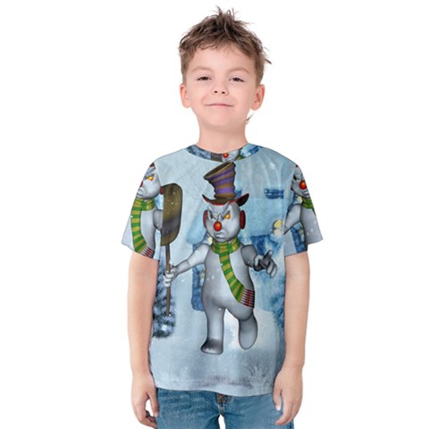 Funny Grimly Snowman In A Winter Landscape Kids  Cotton Tee by FantasyWorld7