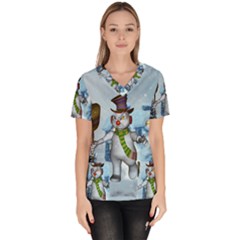 Funny Grimly Snowman In A Winter Landscape Scrub Top by FantasyWorld7