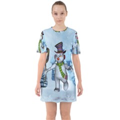 Funny Grimly Snowman In A Winter Landscape Sixties Short Sleeve Mini Dress by FantasyWorld7