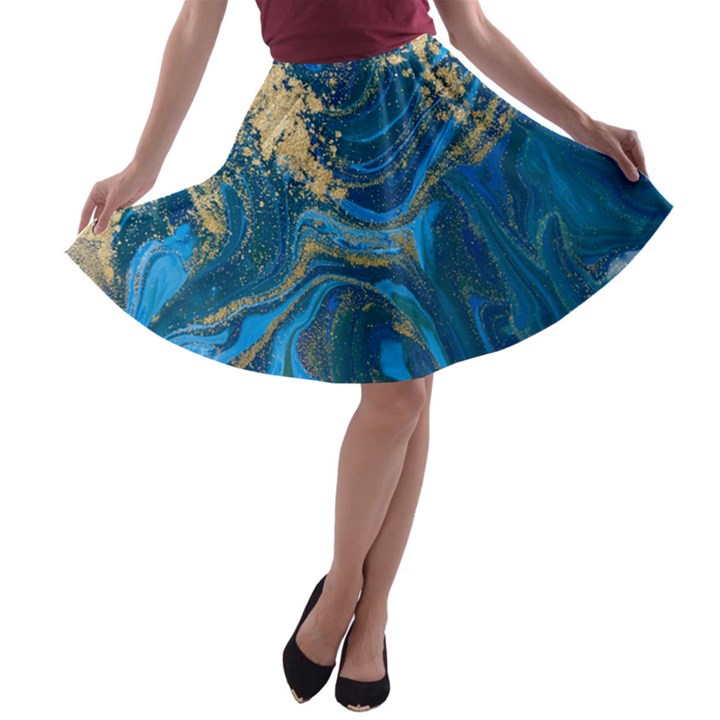 ocean blue gold marble A-line Skater Skirt