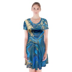 Ocean Blue Gold Marble Short Sleeve V-neck Flare Dress by NouveauDesign