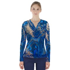 Ocean Blue Gold Marble V-neck Long Sleeve Top by NouveauDesign