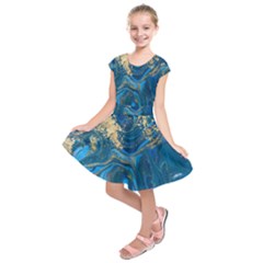 Ocean Blue Gold Marble Kids  Short Sleeve Dress by NouveauDesign