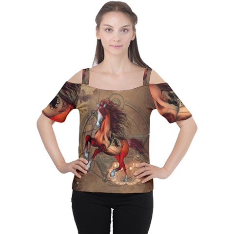 Awesome Horse  With Skull In Red Colors Cutout Shoulder Tee by FantasyWorld7