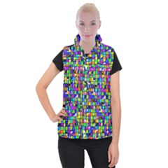 Colorful Squares Pattern                                Women s Button Up Puffer Vest by LalyLauraFLM