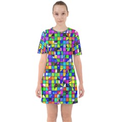 Colorful Squares Pattern                                Sixties Short Sleeve Mini Dress by LalyLauraFLM