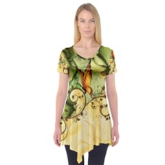 Wonderful Flowers With Butterflies, Colorful Design Short Sleeve Tunic  by FantasyWorld7
