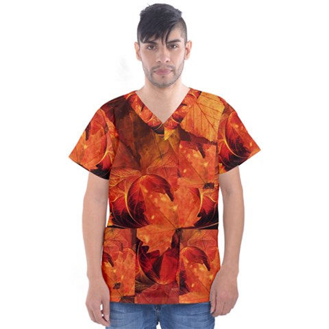 Ablaze With Beautiful Fractal Fall Colors Men s V-neck Scrub Top by jayaprime