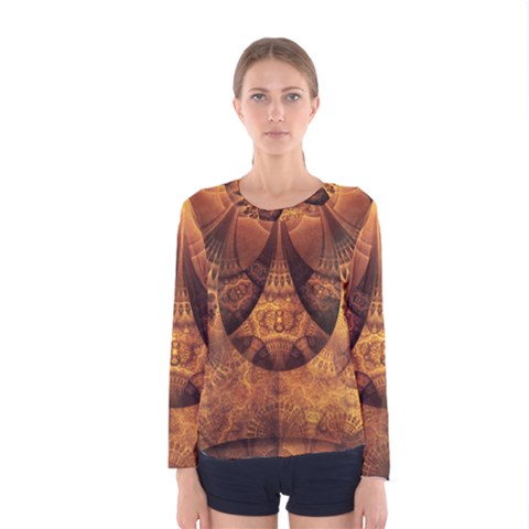 Beautiful Gold And Brown Honeycomb Fractal Beehive Women s Long Sleeve Tee by jayaprime