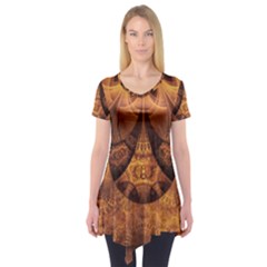 Beautiful Gold And Brown Honeycomb Fractal Beehive Short Sleeve Tunic  by jayaprime