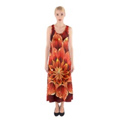 Beautiful Ruby Red Dahlia Fractal Lotus Flower Sleeveless Maxi Dress by jayaprime