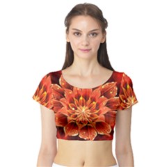 Beautiful Ruby Red Dahlia Fractal Lotus Flower Short Sleeve Crop Top by jayaprime