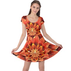 Beautiful Ruby Red Dahlia Fractal Lotus Flower Cap Sleeve Dress by jayaprime