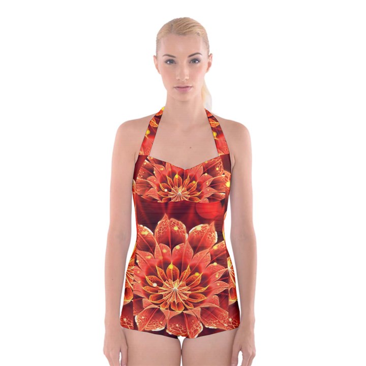 Beautiful Ruby Red Dahlia Fractal Lotus Flower Boyleg Halter Swimsuit 