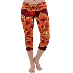 Beautiful Ruby Red Dahlia Fractal Lotus Flower Capri Yoga Leggings by jayaprime