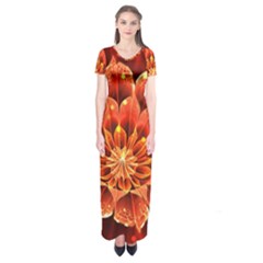 Beautiful Ruby Red Dahlia Fractal Lotus Flower Short Sleeve Maxi Dress by jayaprime