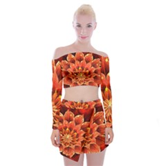 Beautiful Ruby Red Dahlia Fractal Lotus Flower Off Shoulder Top With Mini Skirt Set by jayaprime