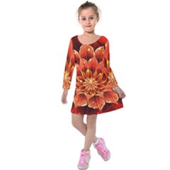 Beautiful Ruby Red Dahlia Fractal Lotus Flower Kids  Long Sleeve Velvet Dress by jayaprime