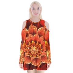 Beautiful Ruby Red Dahlia Fractal Lotus Flower Velvet Long Sleeve Shoulder Cutout Dress by jayaprime