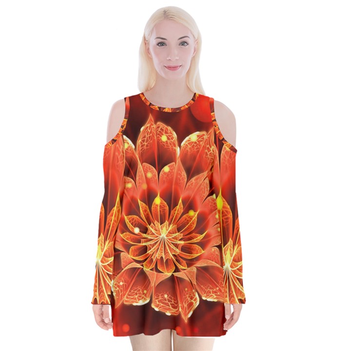 Beautiful Ruby Red Dahlia Fractal Lotus Flower Velvet Long Sleeve Shoulder Cutout Dress