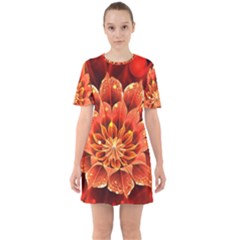 Beautiful Ruby Red Dahlia Fractal Lotus Flower Sixties Short Sleeve Mini Dress by jayaprime