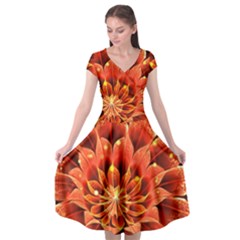 Beautiful Ruby Red Dahlia Fractal Lotus Flower Cap Sleeve Wrap Front Dress by jayaprime