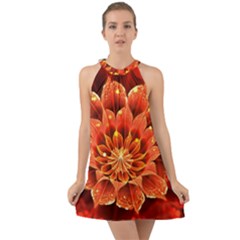 Beautiful Ruby Red Dahlia Fractal Lotus Flower Halter Tie Back Chiffon Dress by jayaprime