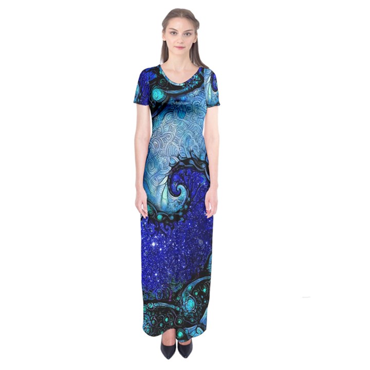 Nocturne of Scorpio, a Fractal Spiral Painting Short Sleeve Maxi Dress