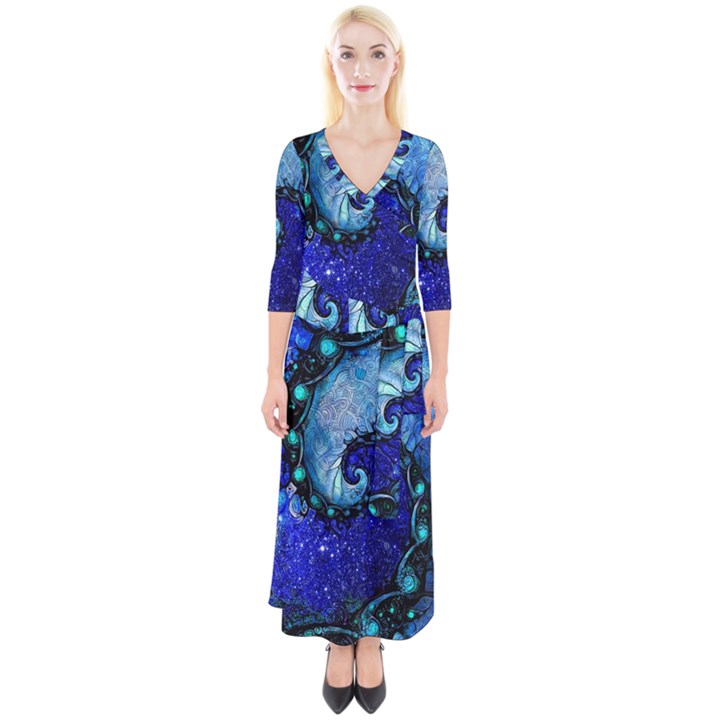 Nocturne of Scorpio, a Fractal Spiral Painting Quarter Sleeve Wrap Maxi Dress