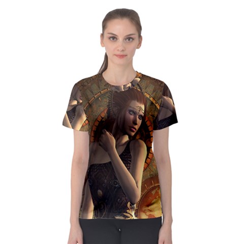 Wonderful Steampunk Women With Clocks And Gears Women s Sport Mesh Tee by FantasyWorld7