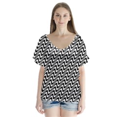 Black And White Waves Illusion Pattern V-neck Flutter Sleeve Top by paulaoliveiradesign