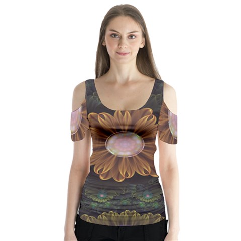 Abloom In Autumn Leaves With Faded Fractal Flowers Butterfly Sleeve Cutout Tee  by jayaprime