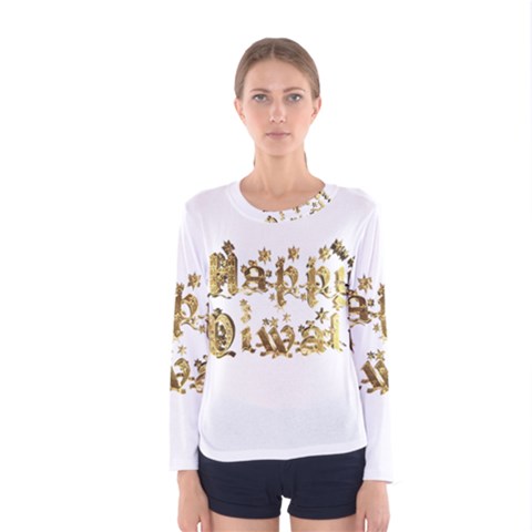 Happy Diwali Gold Golden Stars Star Festival Of Lights Deepavali Typography Women s Long Sleeve Tee by yoursparklingshop