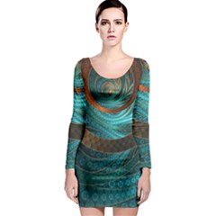 Beautiful Leather & Blue Turquoise Fractal Jewelry Long Sleeve Bodycon Dress by jayaprime