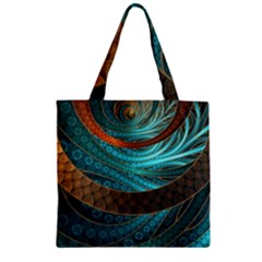 Beautiful Leather & Blue Turquoise Fractal Jewelry Zipper Grocery Tote Bag by jayaprime