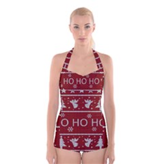 Ugly Christmas Sweater Boyleg Halter Swimsuit 