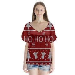 Ugly Christmas Sweater V-Neck Flutter Sleeve Top