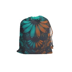 Beautiful Teal And Orange Paisley Fractal Feathers Drawstring Pouches (medium) 