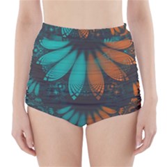 Beautiful Teal And Orange Paisley Fractal Feathers High-waisted Bikini Bottoms by jayaprime