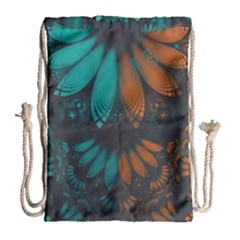 Beautiful Teal And Orange Paisley Fractal Feathers Drawstring Bag (large) by jayaprime