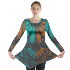 Beautiful Teal And Orange Paisley Fractal Feathers Long Sleeve Tunic  by jayaprime