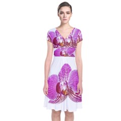 Lilac Phalaenopsis Aquarel  Watercolor Art Painting Short Sleeve Front Wrap Dress by picsaspassion
