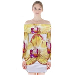 Yellow Phalaenopsis Flower, Floral Aquarel Watercolor Painting Art Long Sleeve Off Shoulder Dress by picsaspassion